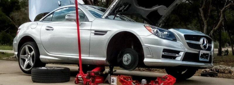 Mercedes on jack stands for brake service